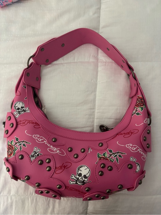Ed Hardy Handbags - Ed Hardy Hot Pink Studded Skull & Rose Shoulder Bag